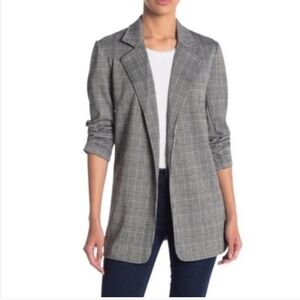 RACHEL ZOE Houndstooth Open Front Blazer Plaid Long Line Ruched Sleeve Sz xs